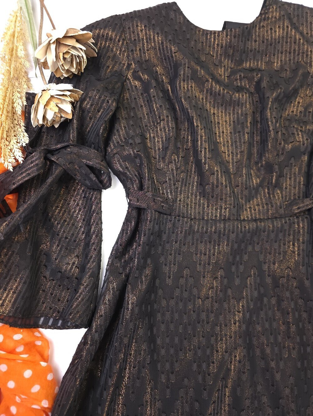 Like New Nine West Black Metallic Fit-and-Flare Dress with Tie Sleeves Sz 6 - Picture 3 of 13